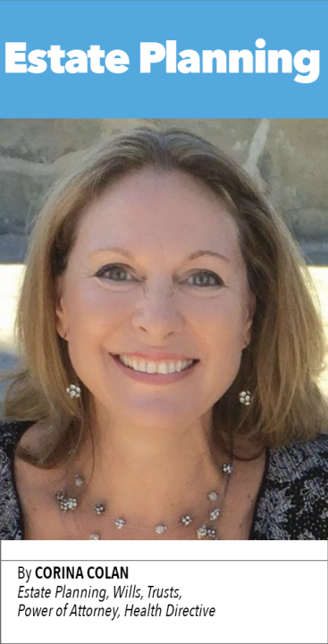 Smiling woman promoting estate planning services.